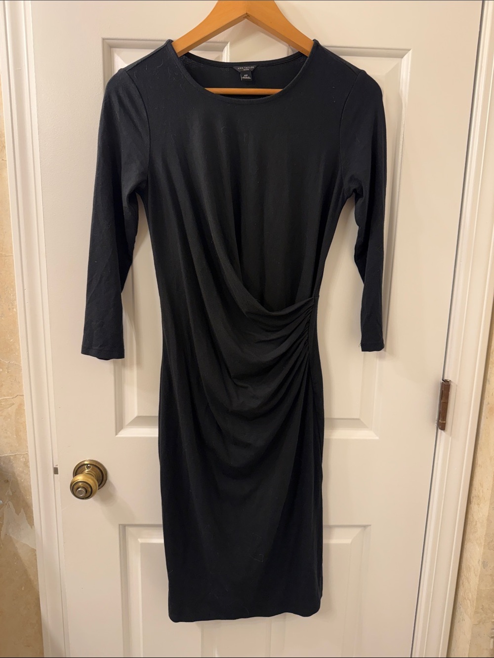 Ann Taylor Black Long Sleeve Draped Side Ruched Dress